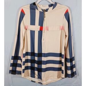 Moyabo Top Women Medium 1/2 Zip Roll Tab Long Sleeve Cream Blue Stripes Pullover